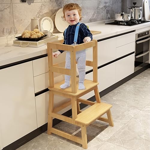 Miniatura 7 de Taburete de cocina para niños y niños pequeños con barandilla de seguridad, taburete blanco para niños, taburete de torre de pie para baño y cocina