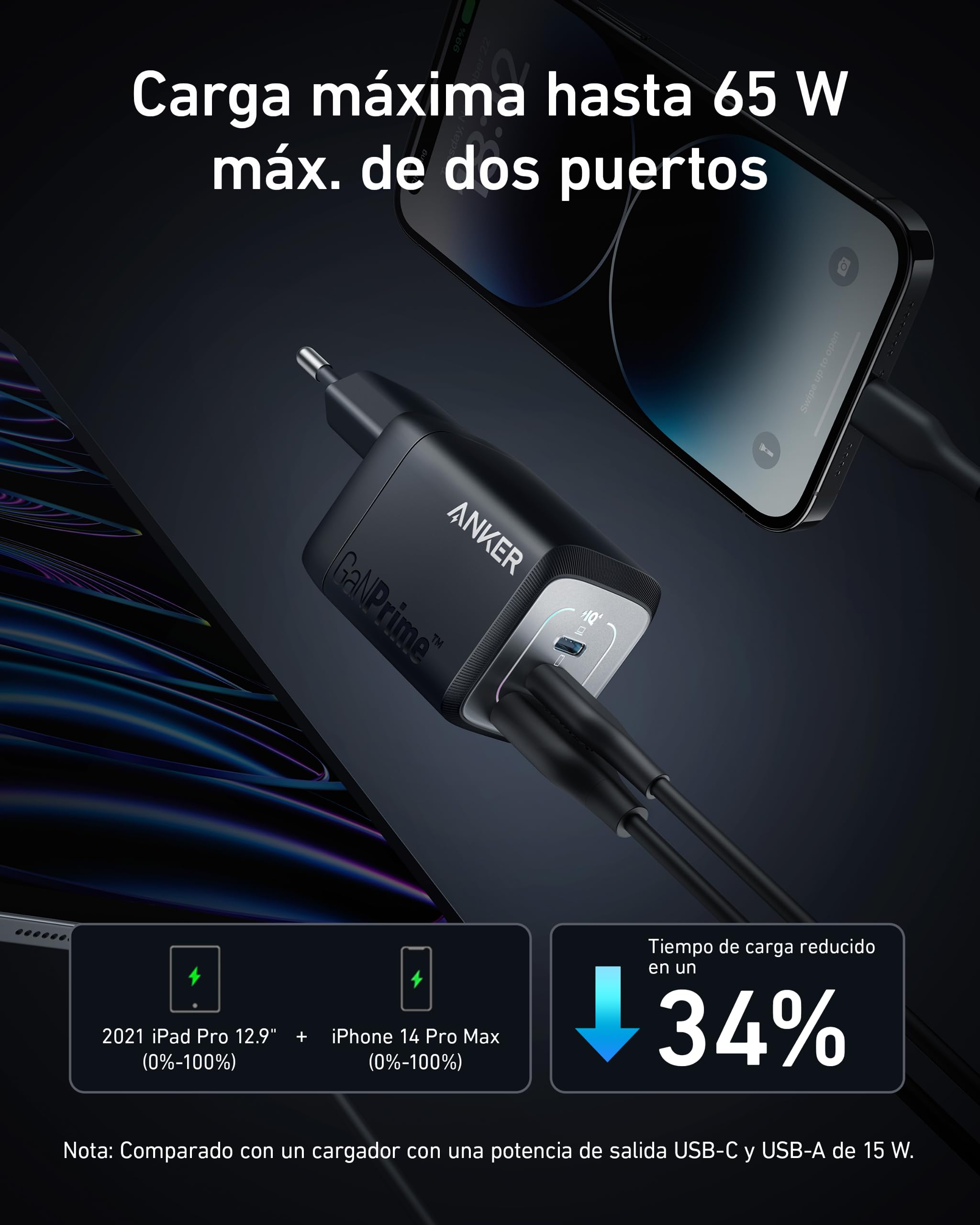 Anker Prime Cargador USB C Carga Rapida 67W, Cargador Plegable y Compacto con 3 Puertos, para MacBook Pro/Air, iPad Pro, iPhone 17/16/15/14 Pro Air, Galaxy S23/S22, Note20, Pixel, Apple Watch y más
