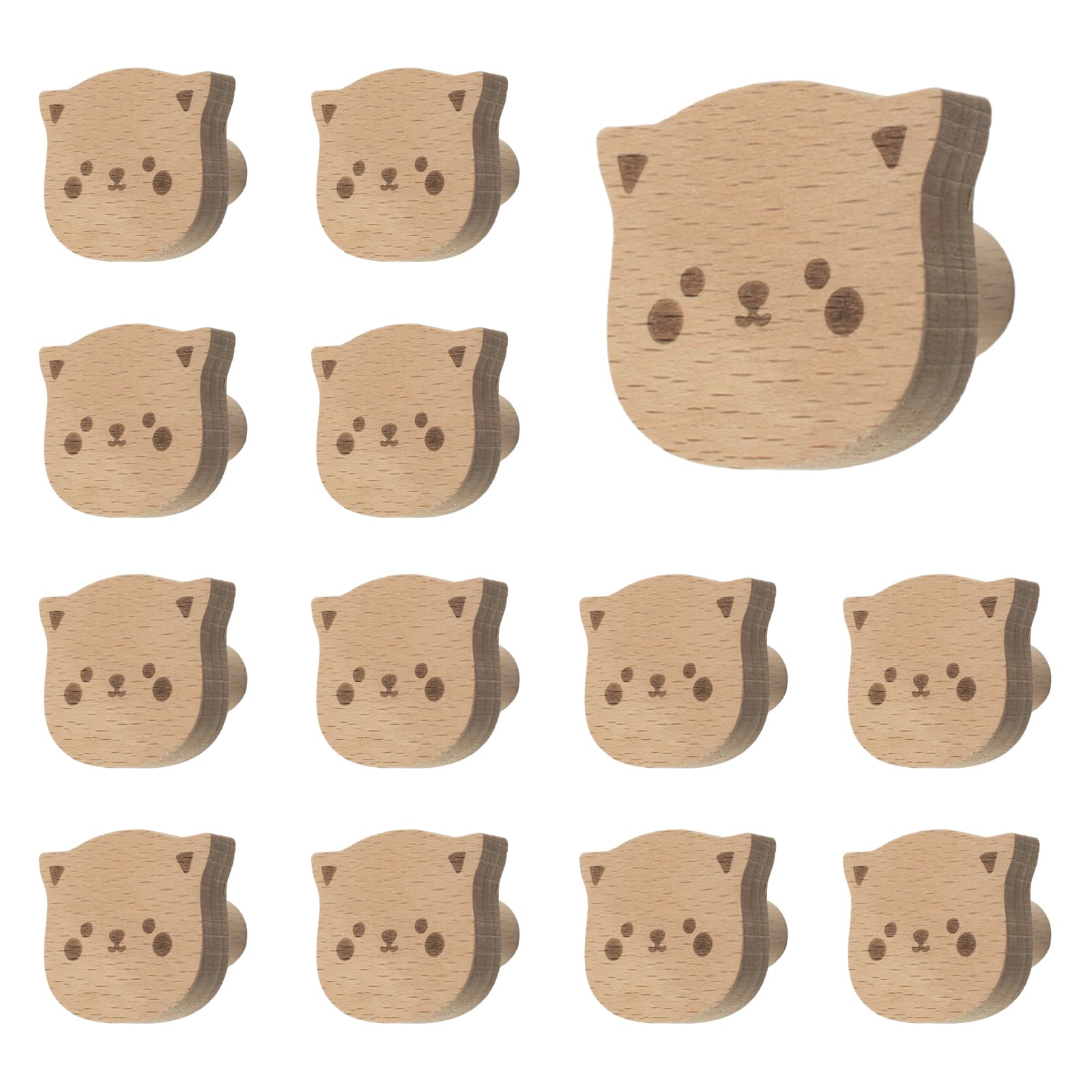 MOROBOR 12PCS Cat Shaped Wooden Knobs Single Hole Beech Wood Handles Wood Cupboard Cabinet Handle for Chest of Drawers with Stickers — image 1