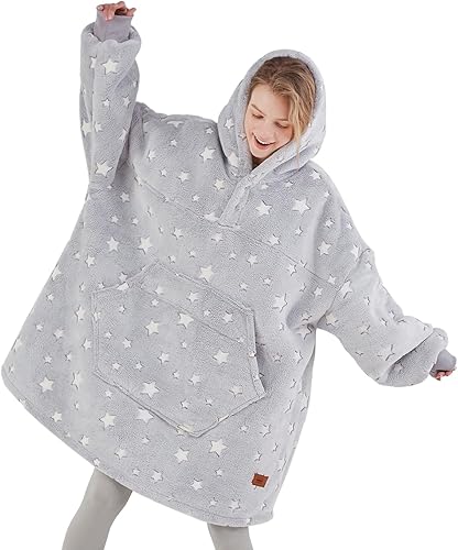 Degrees of Comfort Manta con capucha para mujeres adultas, acogedora manta de gran tamaño y cálida con forro de sherpa, estrellas que brillan en la
