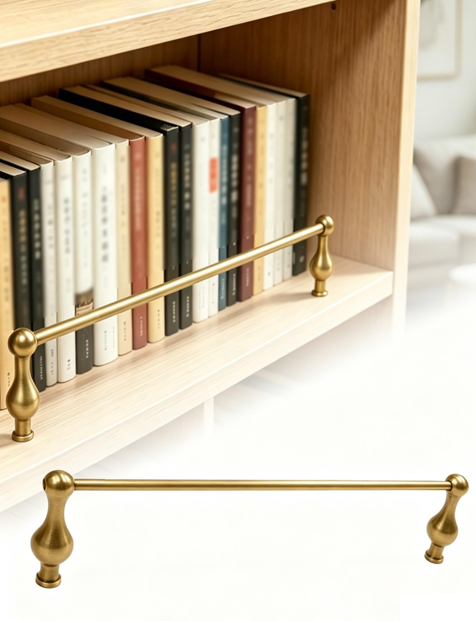 Aluminum Alloy Shelf Guard Rail Set, Decorative Gallery Tipping Fence for Open Shelves, Kitchen Cabinet Rod Prevent Items Falling(Brass,86cm/34in)