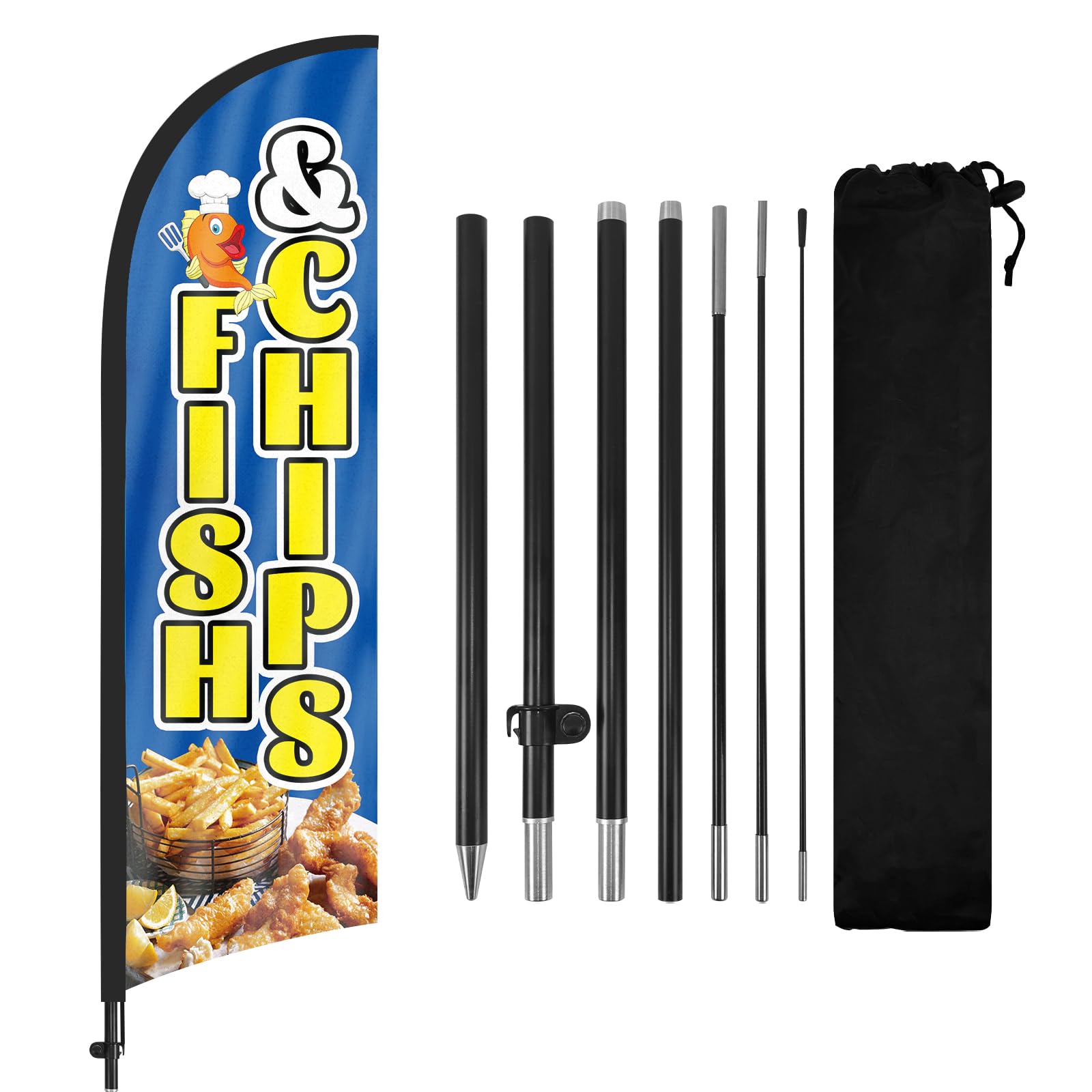 FSFLAG Fish Chips Feather Flag with Pole Kit and Ground Spike, 8.2FT x 1.8FT Black Unisex Outdoor Banner Sign