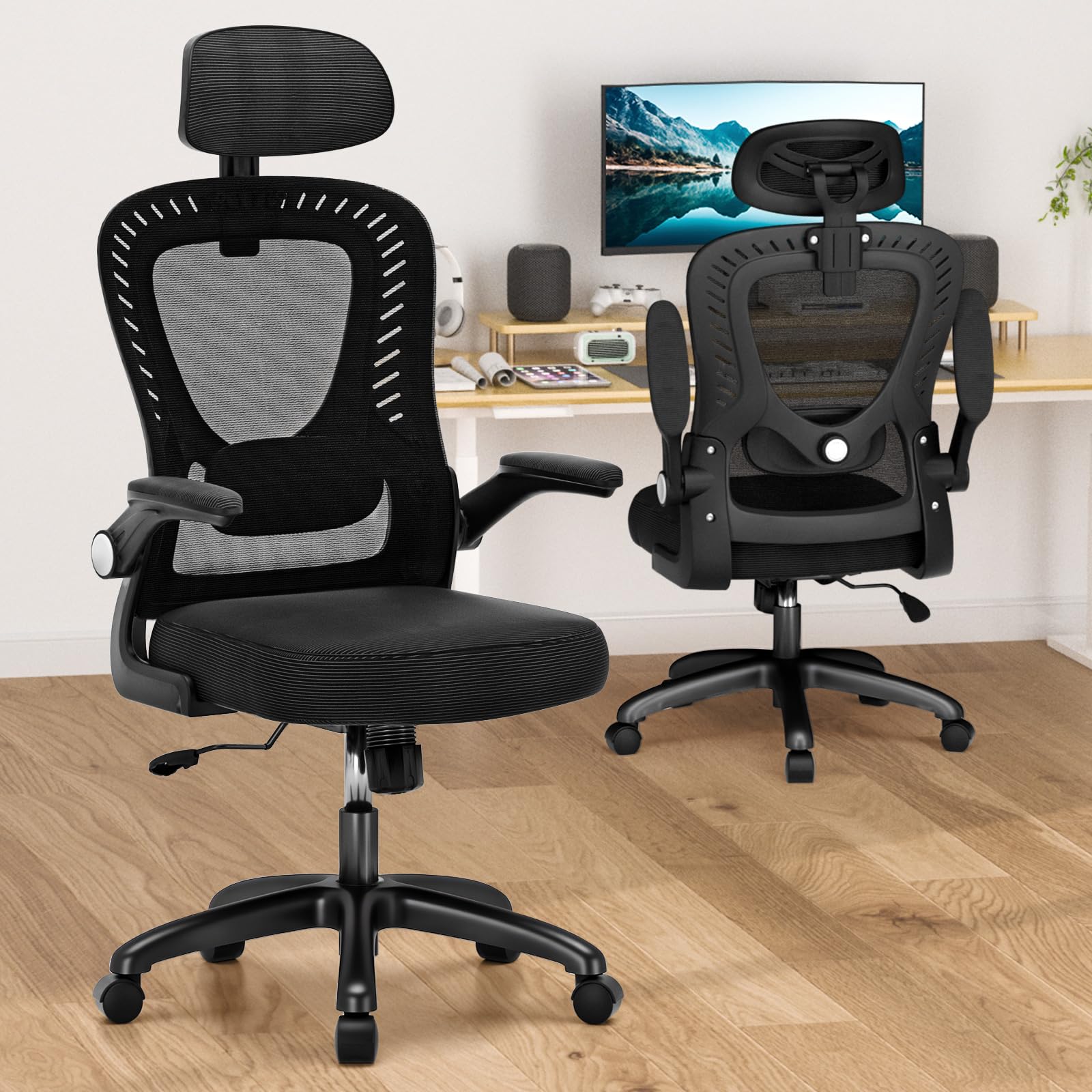 Office Chair, SPRDENG Ergonomic Office Chair with Two-Way Adjustable Lumbar Support & Headrest, High Back S-Shaped Computer Chair with Flip-up Padded Armrests, Swivel Task Chair for Home Office
