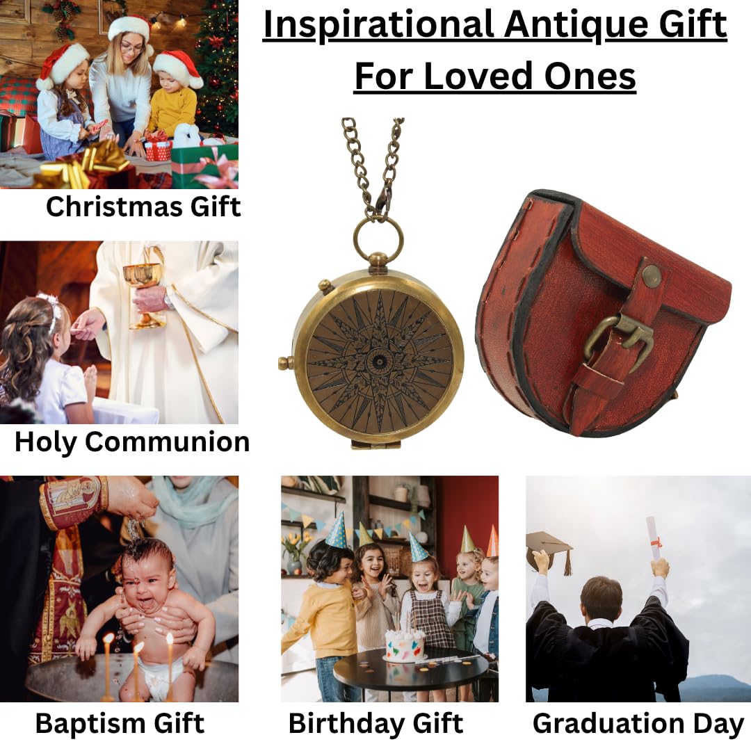 Brújula de latón antiguo con funda de cuero Trust in The Lord Compass - Pastor, bautizo, confirmación, primera comunión, aniversario, regalo de jubilación para adolescentes, hijos, hombres, esposos
