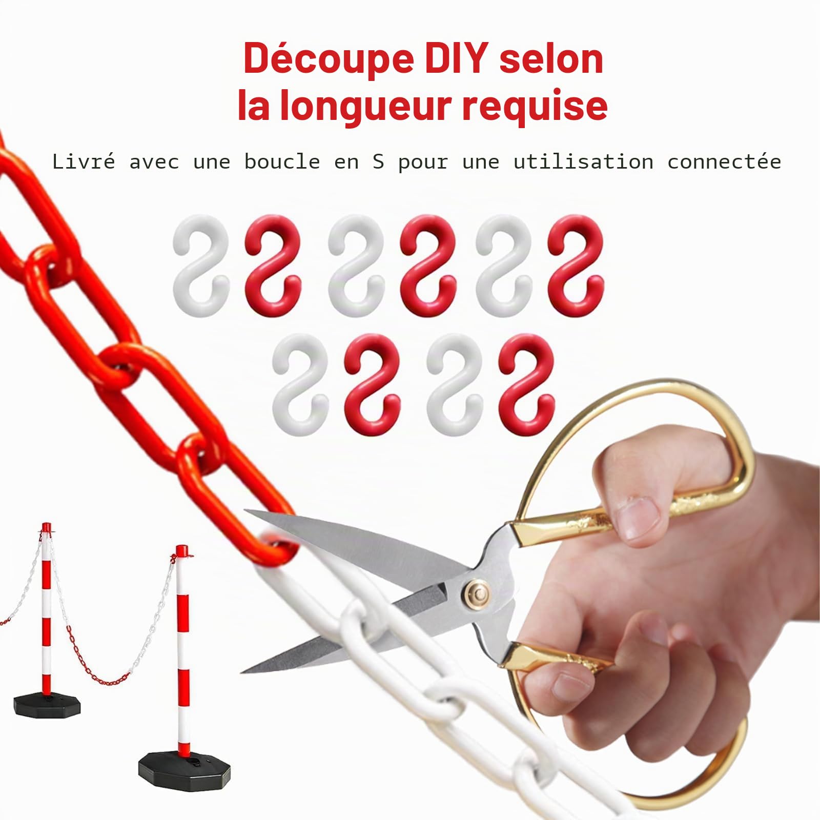25m Barrière à Chaînes en Plastique Chaîne de Signalisation en Plastique Rouge et Blanc Avec 10 Mousquetons pour Avertissement Espace de Stationnement de Sécurité
