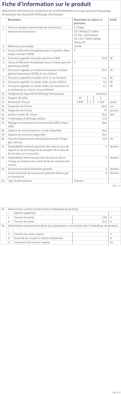 Energy label for Z-Edge S274K monitor showing class F and 25 kWh/1000h consumption.