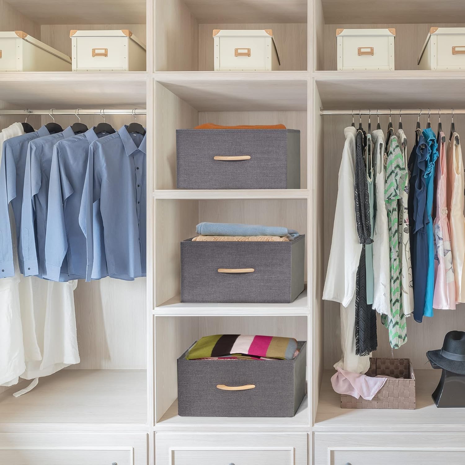 Faltbare Stoff-Aufbewahrungskörbe, große Schrank-Organizer, Würfel mit stabilen Holzgriffen, Stoff-Kleidungsaufbewahrungsboxen für Regale, Decken, Bücher, Kinderzimmer, Grau, 2 Stück