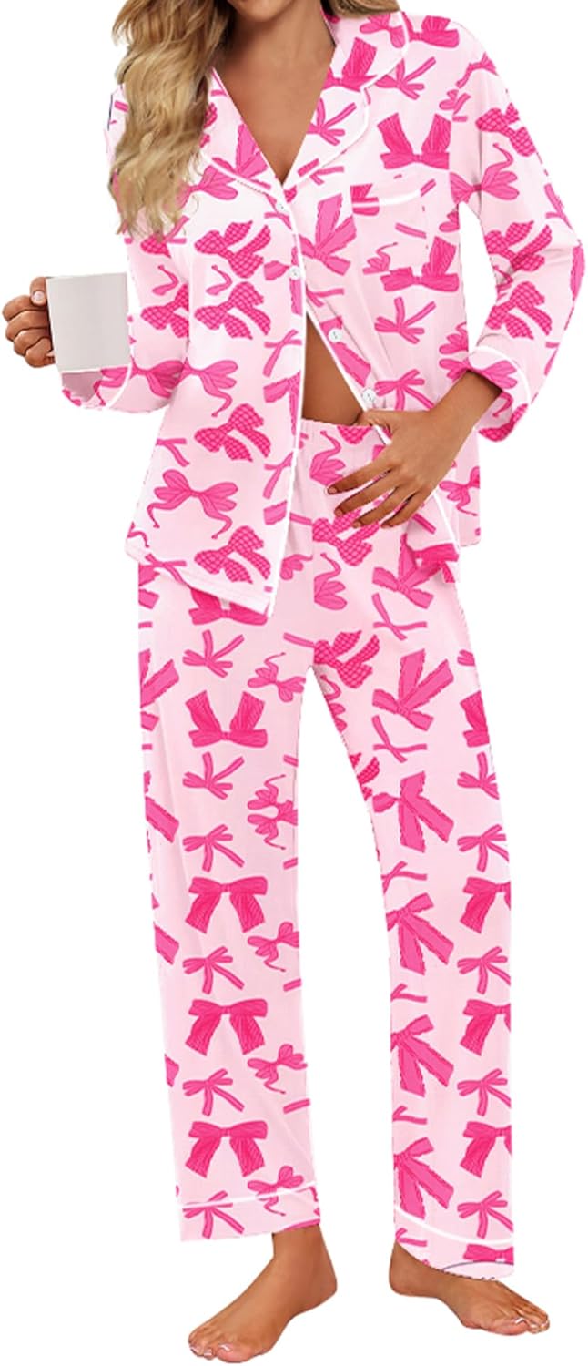 SWOMOG Pajamas for Women Sets 2 Piece Button Down Printed Pjs Long Sleeve Shirt and Pants Fall Sleepwear Cute Loungewear