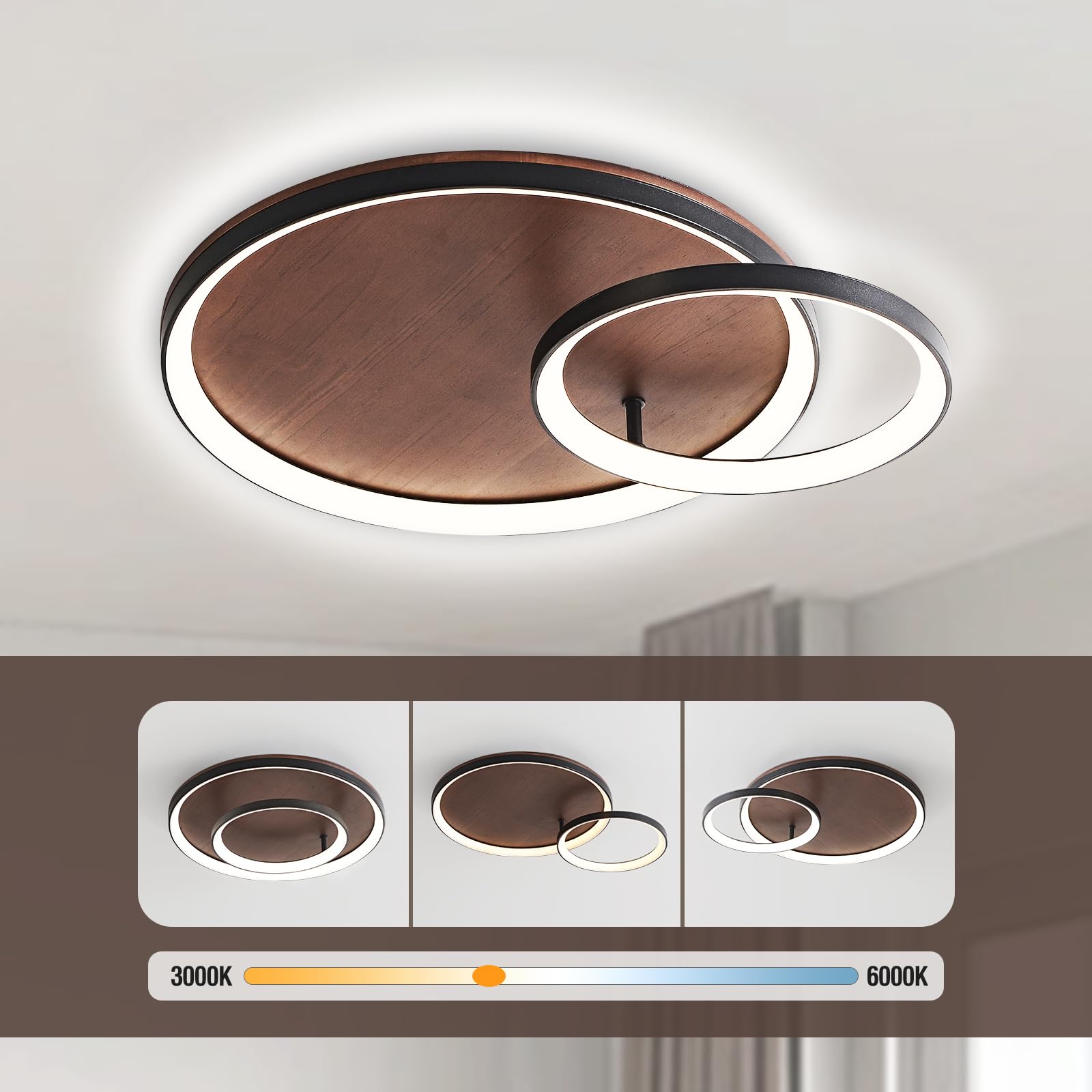 Lámpara de Techo LED de Madera, Negra Geométrico Salón Lámpara Regulable con mando a distancia, 3000K-6000K, con Luz Nocturna y Función de Memoria,42cm/28W Redonda
