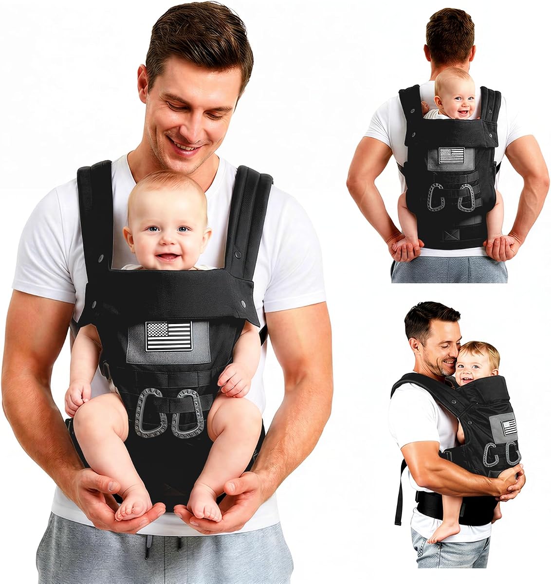 Baby Carrier, Lumbar Support Infant Carrier (0-36M, 8-33 lbs) with Foldable Headrest Carabiners for Big and Tall Parents, Men, Women (Black)