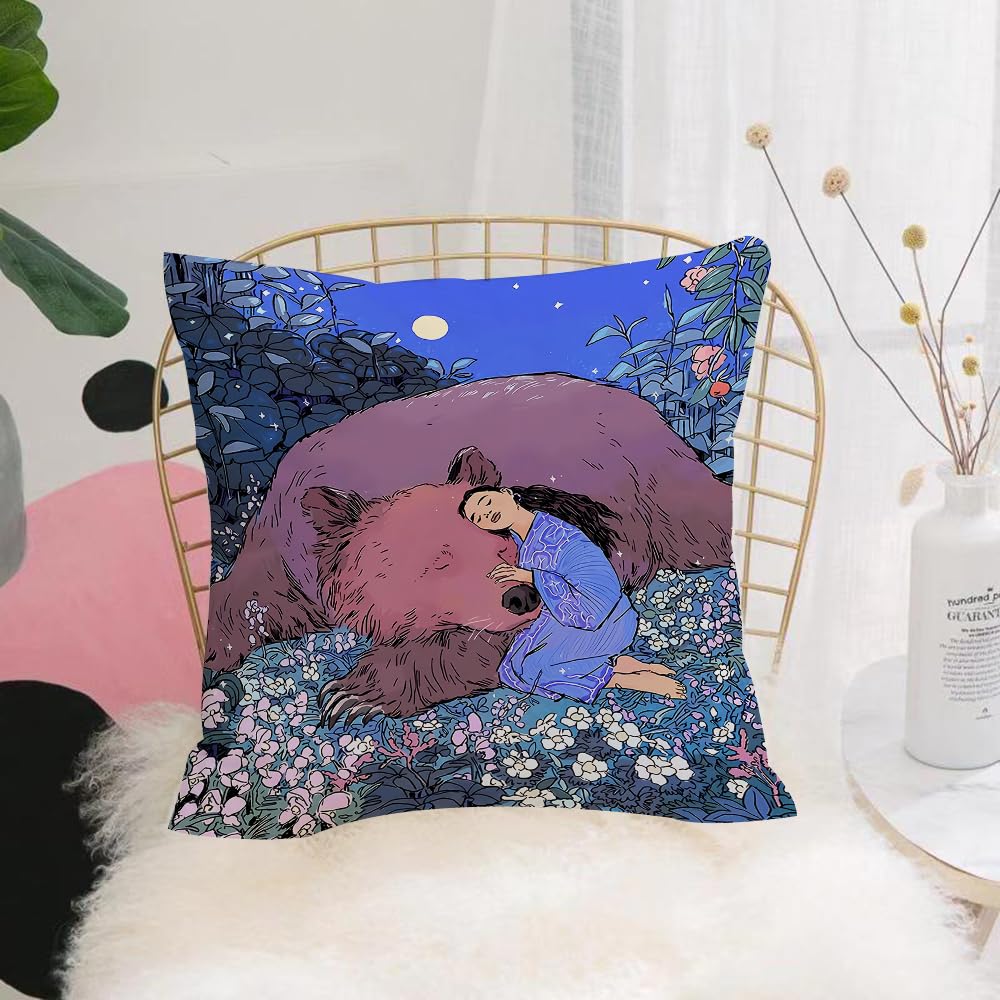 HYMSXW Cushion Cover,Throw Pillow Case Home Decorative for Living Room Bedroom Sofa Chair 20X20 Inch,Girl and Giant Bear in Forest Flower Land,Pillowcase 50X50cm