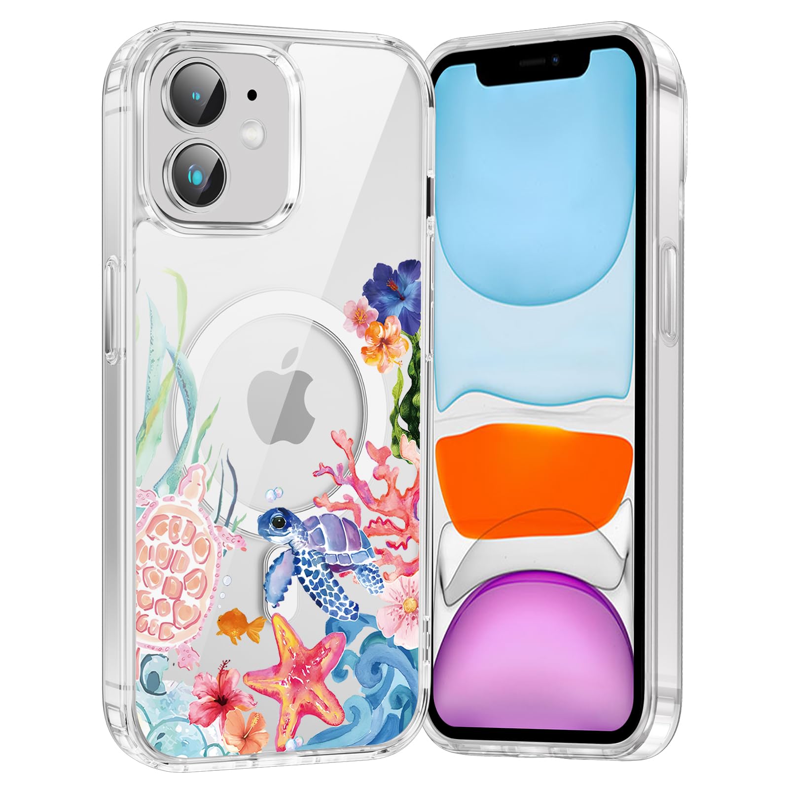 Coque iPhone 11 antichoc transparente motif tortue florale compatible MagSafe - 8