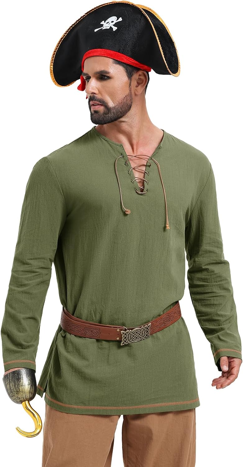 Runcati Mens Medieval Pirate Tunic Shirt Renaissance Viking Knight Costume Shirts Lace Up Halloween Warrior LARP Tops