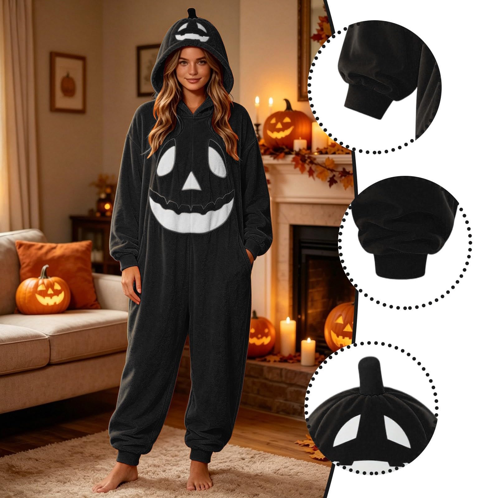 Generisch Pigiama intero in peluche per Halloween, unisex, oversize, con cappuccio, per cosplay, pigiama da notte morbido e caldo, tuta casual per uomo e donna