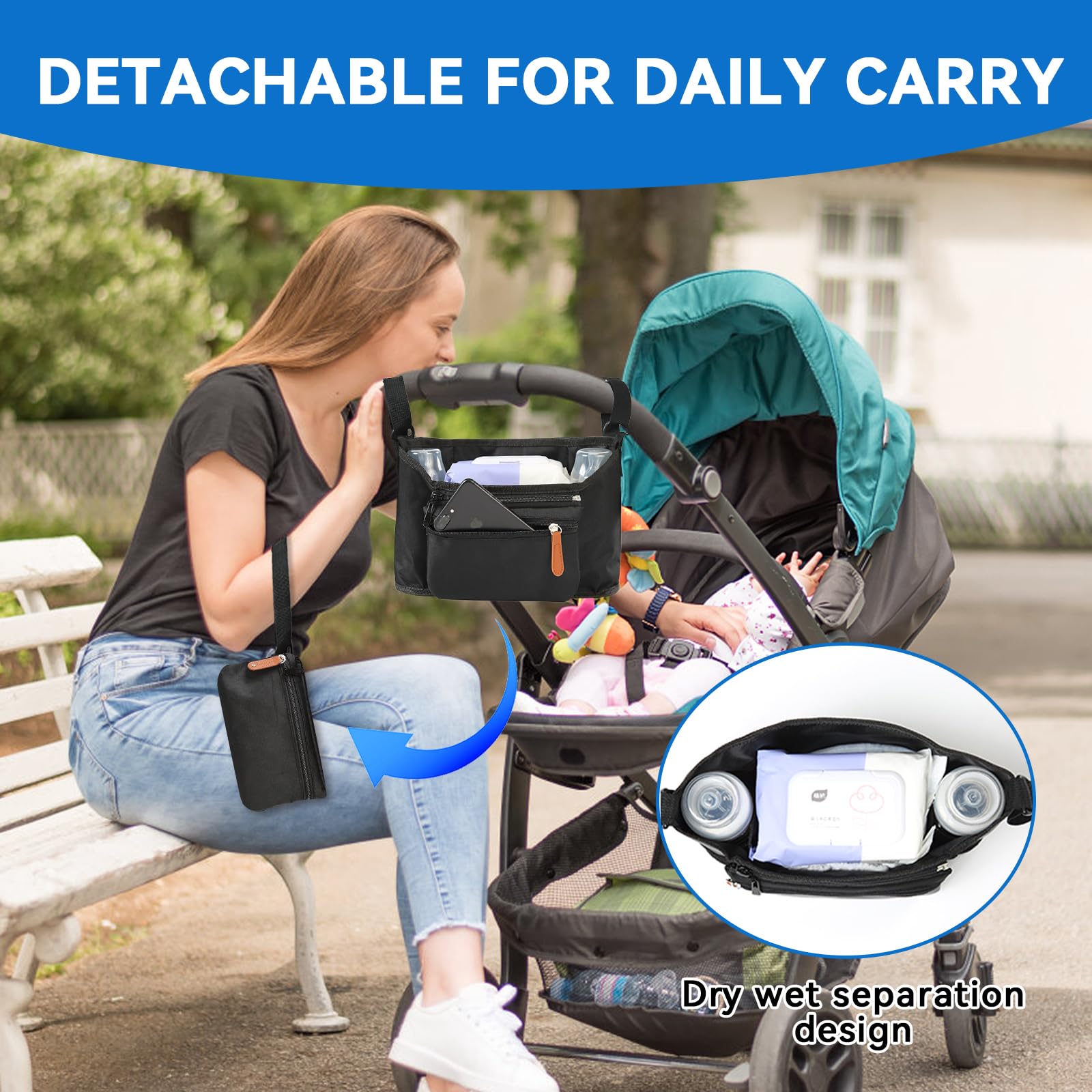 Momcozy Organiseur universel pour poussette - Sac suspendu en forme de U avec porte-gobelet pour poussette - Accessoires de poussette - Grande capacité - Sac de poussette Momcozy - Noir