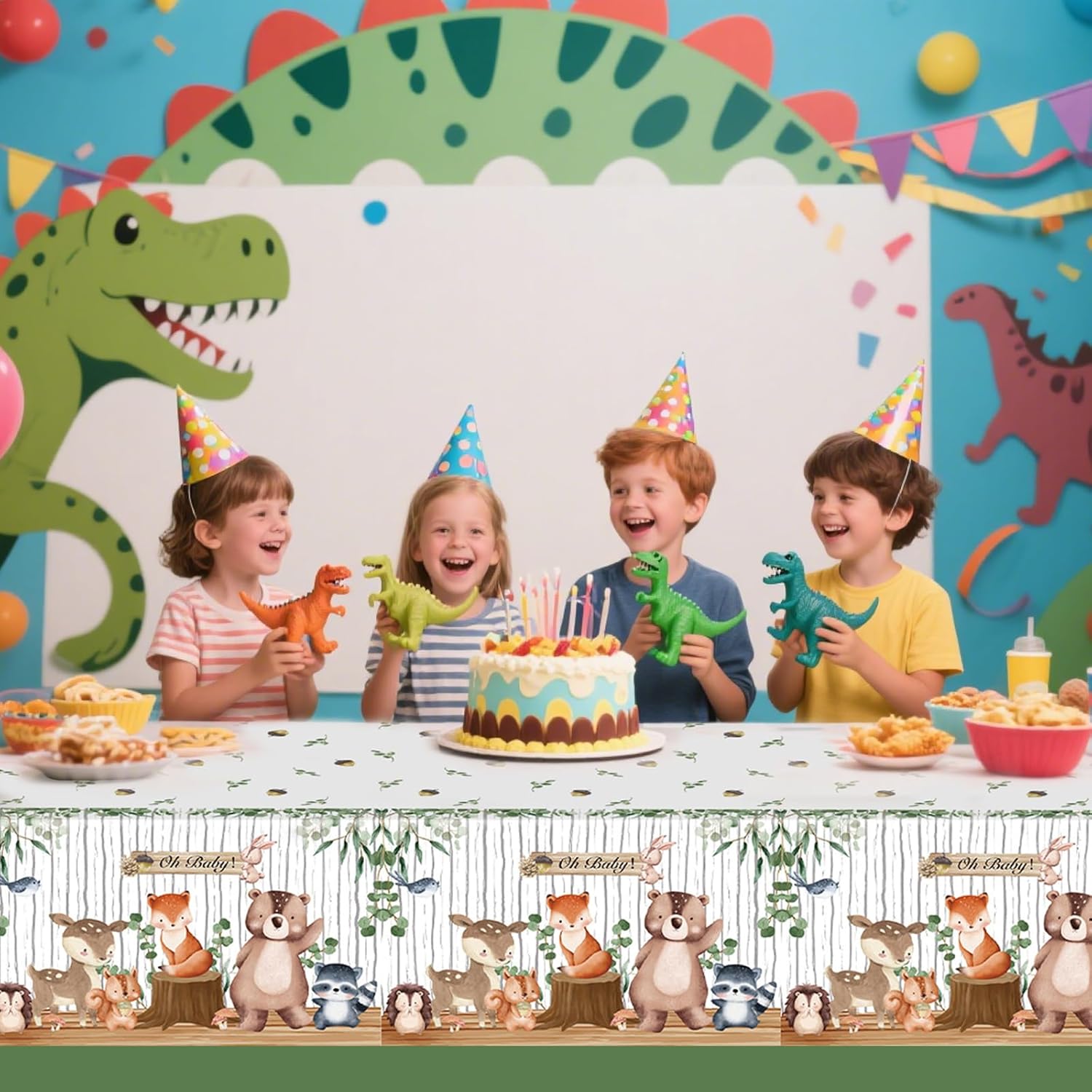 3PCS Woodland Animals Plastic Plastic Tablecloth, Boy Girl Birthday Table Decoration Waterproof Rectangle Forest Table Cloth for Jungle Baby Shower Decorations(54 * 108inch)