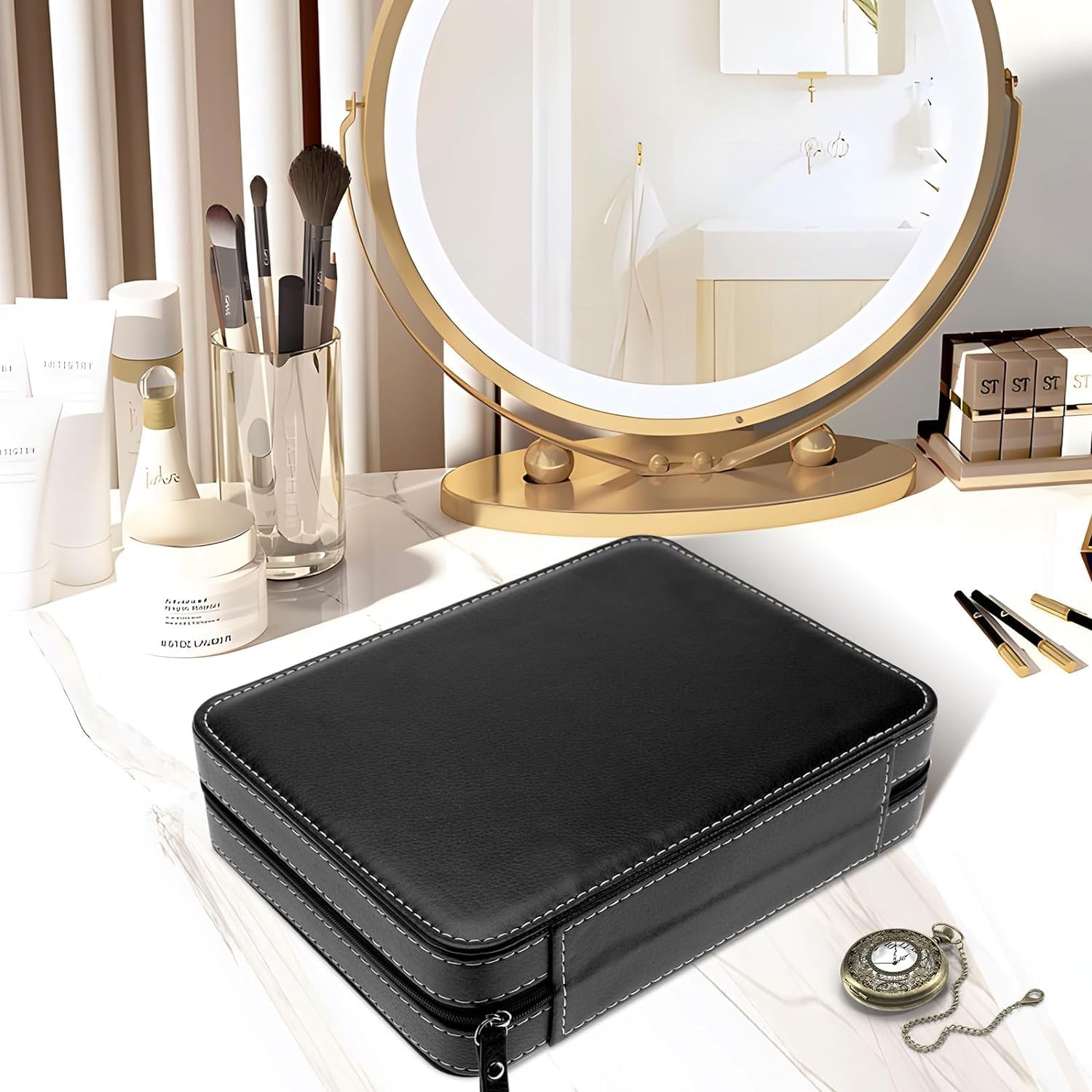 Guarda la Scatola Porta Orologi 8 Griglie - Portatile con Cerniera per Immagazzinamento ed Esposizione di Braccialetti e Gioielli - Organizzatore da Viaggio per Collezionisti (Nero)