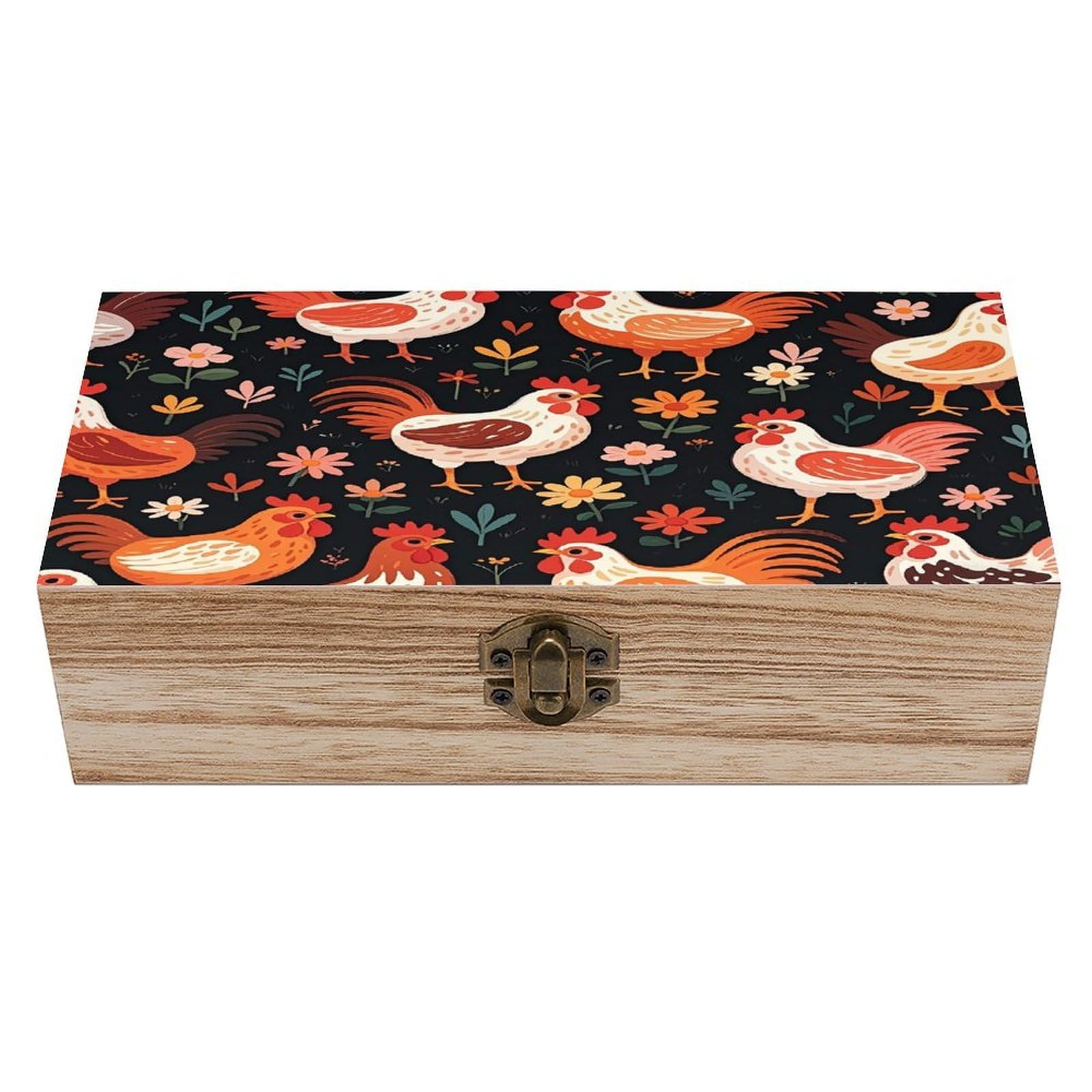 FekiLoot Cute Rooster Chickens Wooden Jewelry Box Personalized Wood Keepsake Box Large Decorative Wooden Storage Boxes with Hinged Lid Rustic Style Wood Jewelry Organizer for Desk Home Office