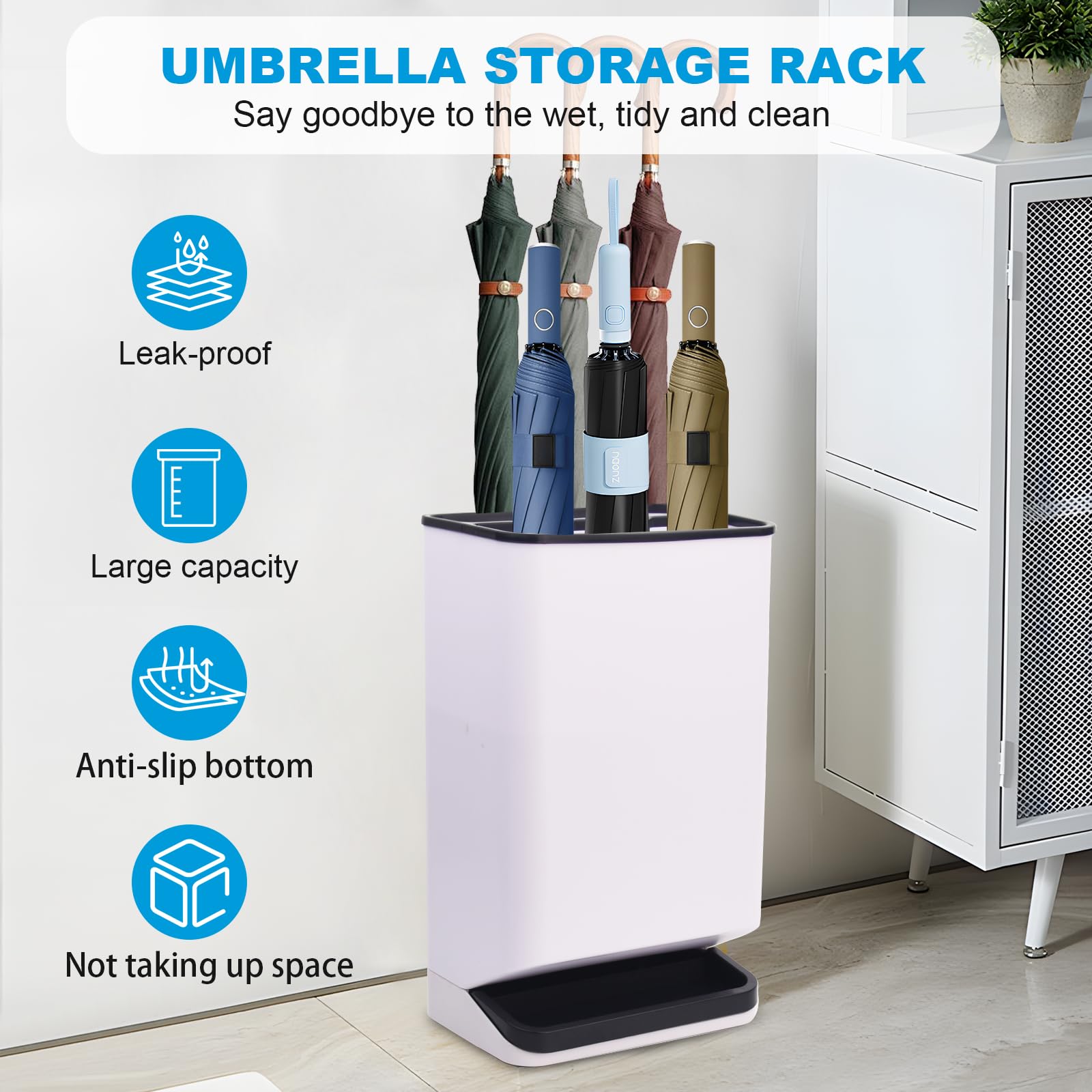 STRSCLOT Umbrella Storage - Space Saving Waterproof Umbrella Rack with Six Slots and Removable Water Tray - Anti Skid Umbrella Holder for Entry Hallway, Home, Office, Hotel (Black)