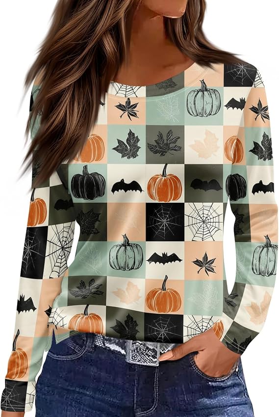 Halloween T Shirt Women Spooky Candy Crew Neck Long Sleeve Top Ghost Spider Tee Boo Sheet Shirt Boo Pumpkin Blouse