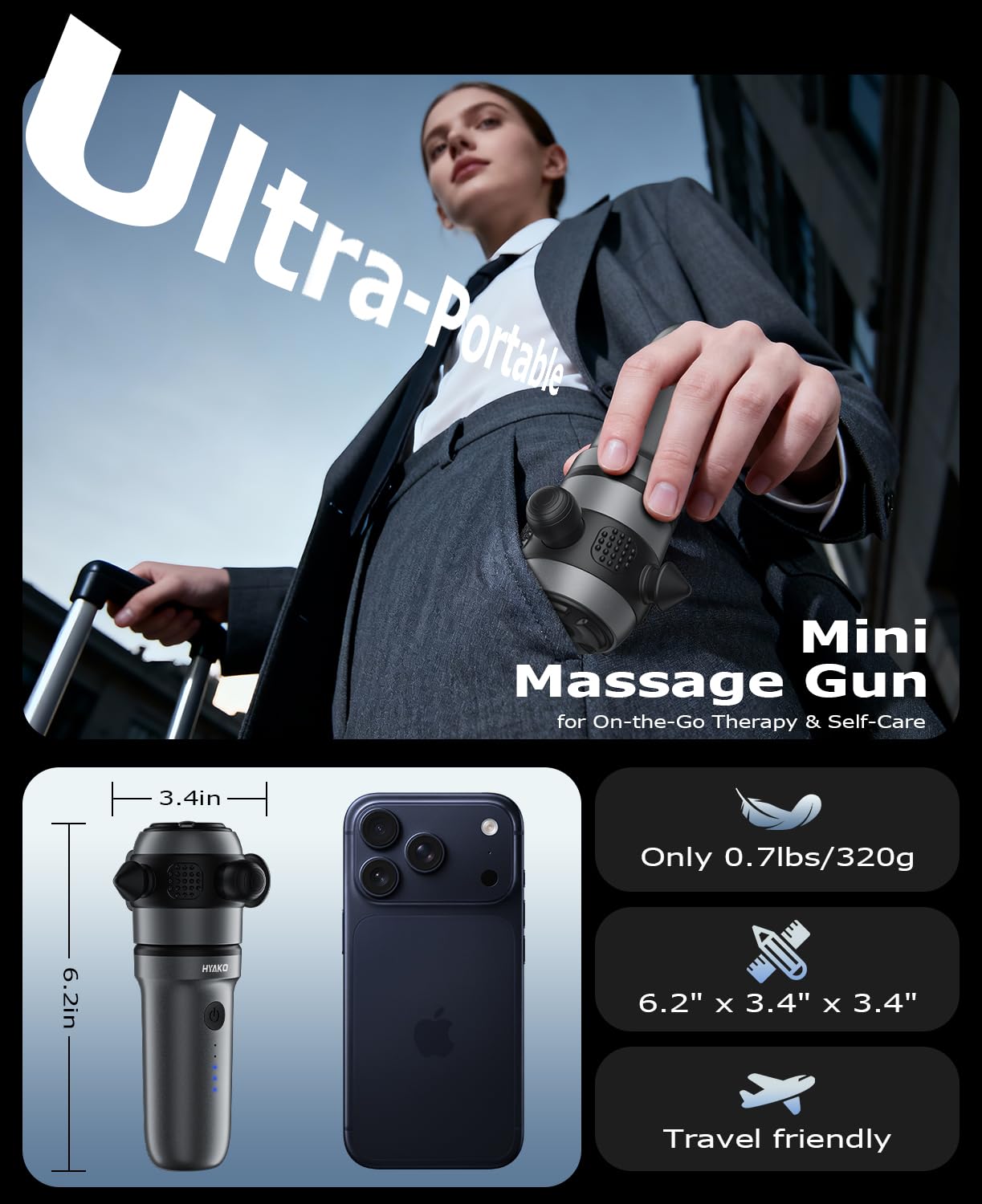 HYAKO Mini Pistola masaje 9 cabezales y 4 niveles丨de Portátily Silenciosa | masajeador cervical y espalda profundo丨pistola masaje muscular Ideal para viajes y usodiario | Regalo unisex