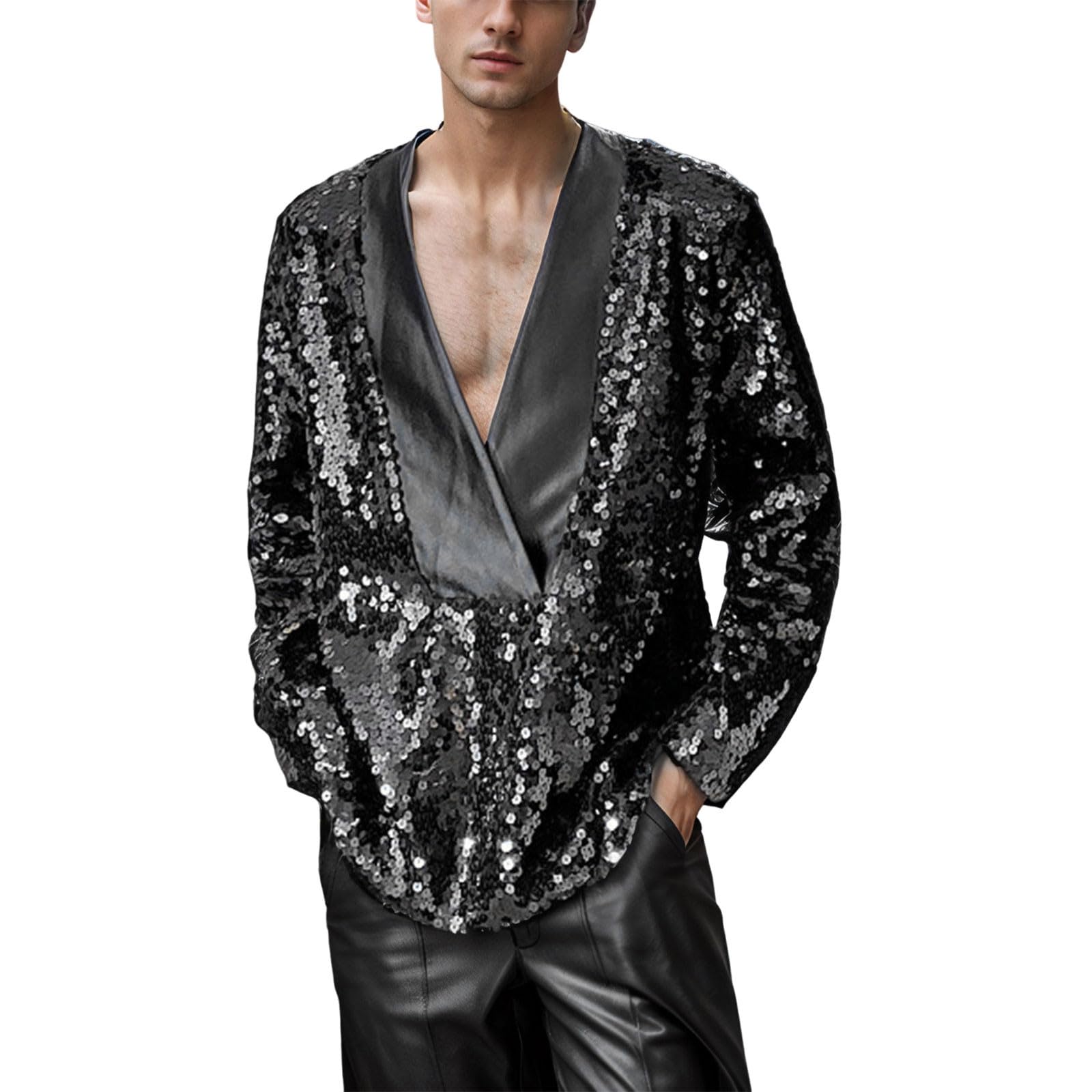 Camicia Uomo Paillettes Elegante, Giacca Brillante a Maniche Lunghe con Effetto Scintillante, Outfit da Festa e Spettacolo per Concerto, Discoteca e Serata Glamour