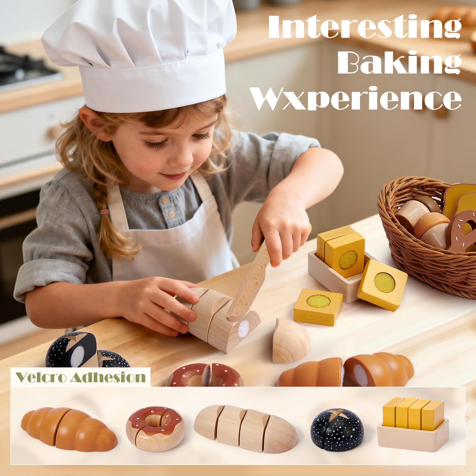 Atoylink Accesorios de Cocina para Niños de Madera, Juguetes de Panadería con Cesta y Pan, Accesorios de Cocina, Juguetes de Madera, Regalo para Niños y Niñas de 3 4 5 6 Años