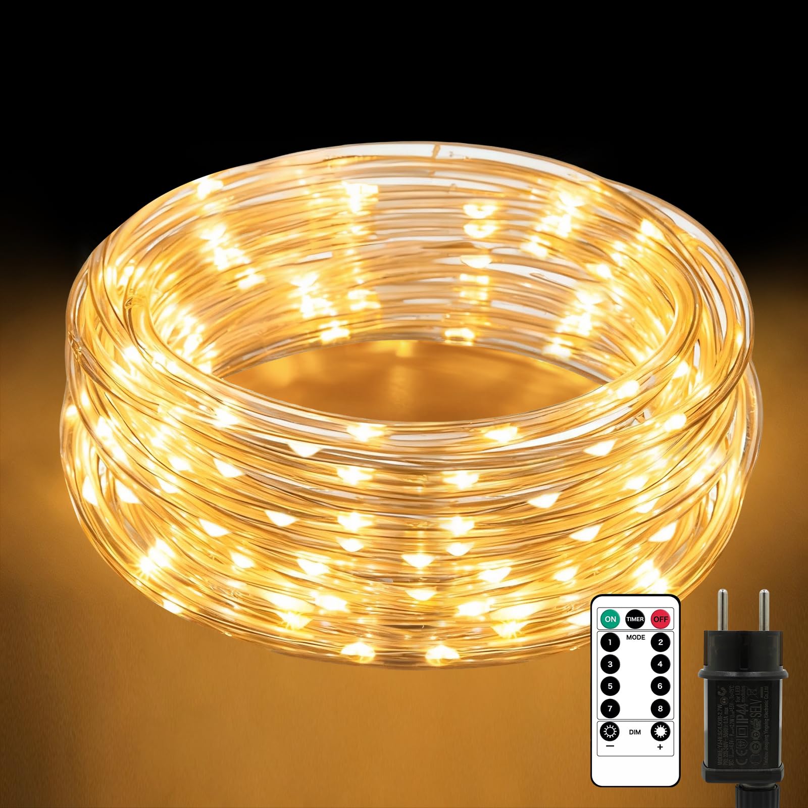Tubo luminoso da 10 m, 200 LED con telecomando, diametro 7,5 mm, per esterni, IP65, impermeabile, 8 modalità, dimmerabile e timer, tubo luminoso a LED, per interni ed esterni, Natale, giardino, feste