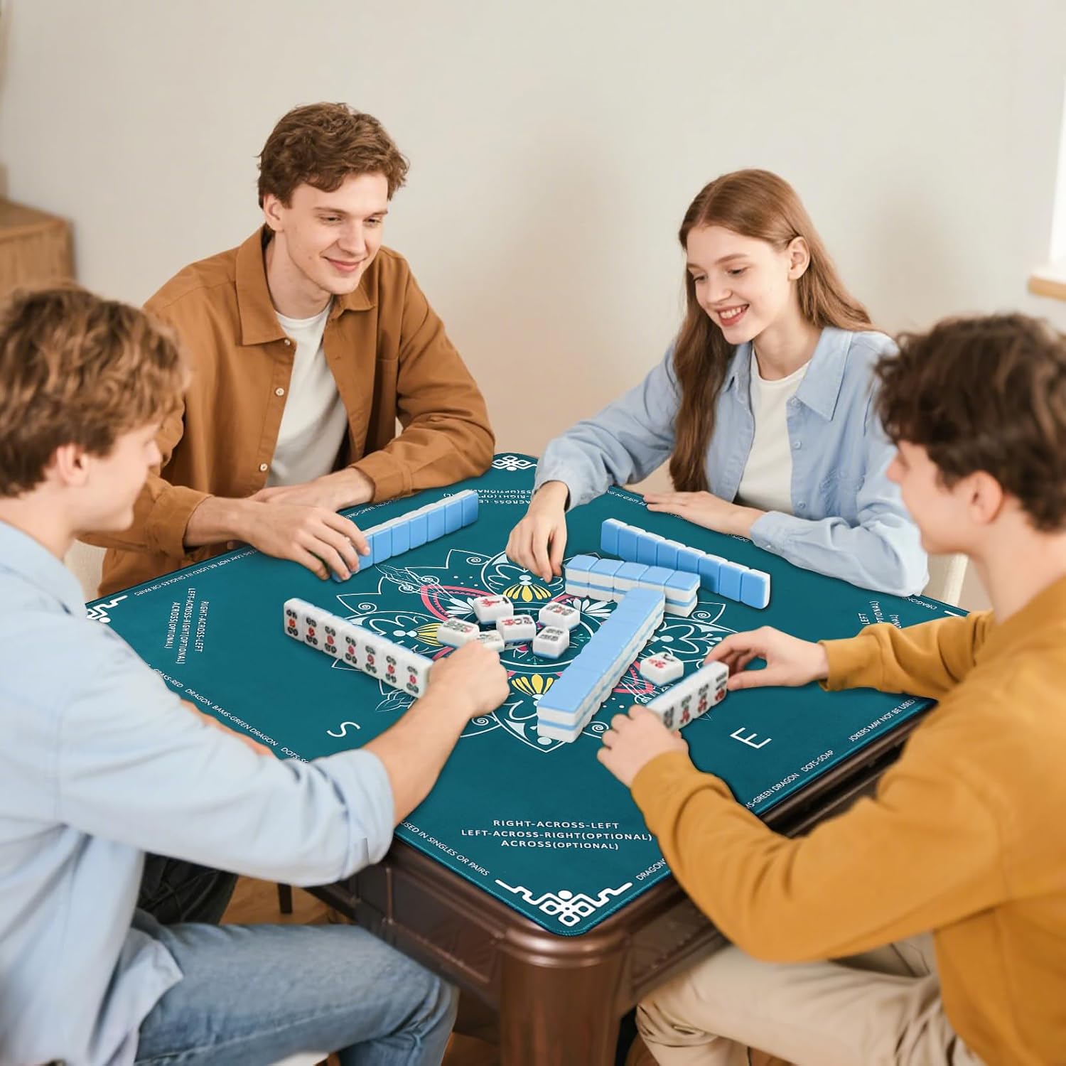 DEVPNR Mahjong Mat for Table with Rules, 32.6"x32.6" Non-Slip Mahjong Table Cover, Noise-Reducing Table Cloth for American Mahjong, Poker, Card & Board Games, Portable with Travel Bag (Green)