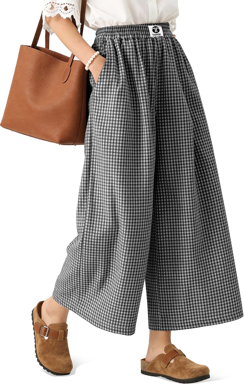 TARSE Women Wide Leg Capri Pants Loose Gingham Plaid Culottes Summer Elastic Waist Palazzo Trousers Bottoms with Pockets