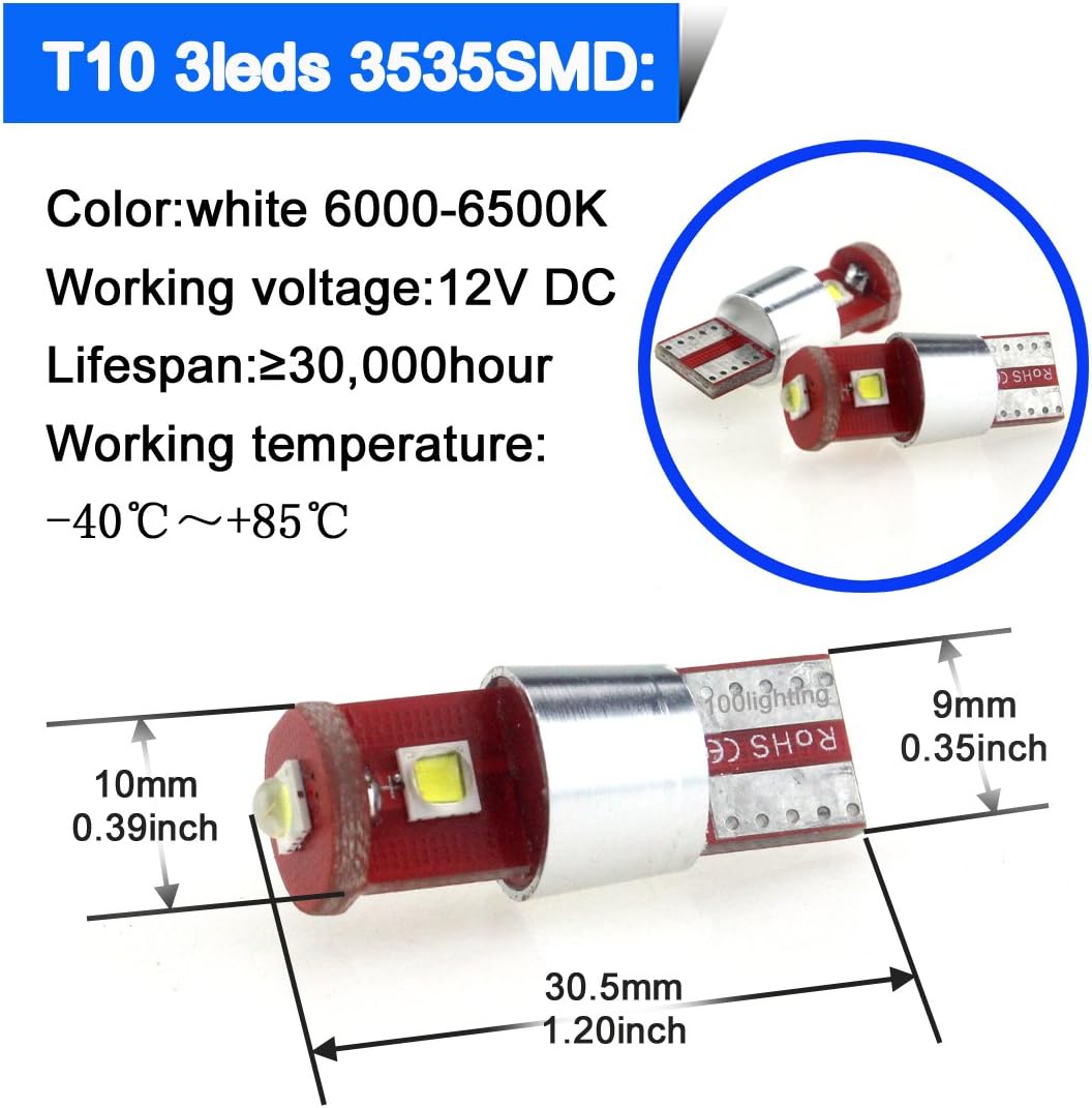 T10 194 LED Car Light Bulb for Auto Interior Dome Reading License Plate Trunk Running Parking Light Bulb Super Bright 12V White (Pack of 4)