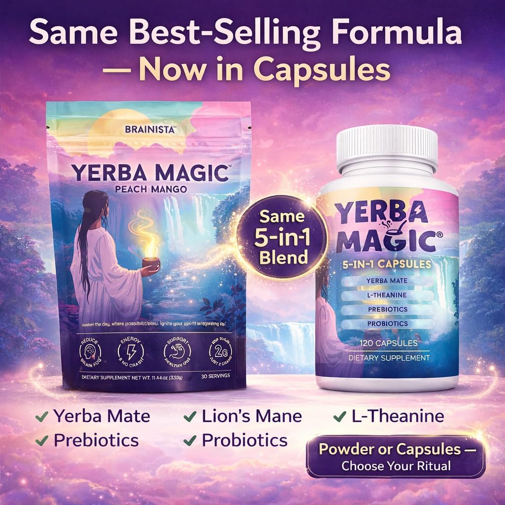 Brainista Yerba Magic 5-in-1 Capsules – Yerba Mate Energy + Lion’s Mane, L-Theanine, Prebiotics & Probiotics - Calm Focus, Gut Support & Clean Energy - 100mg Natural Caffeine | 30 Servings
