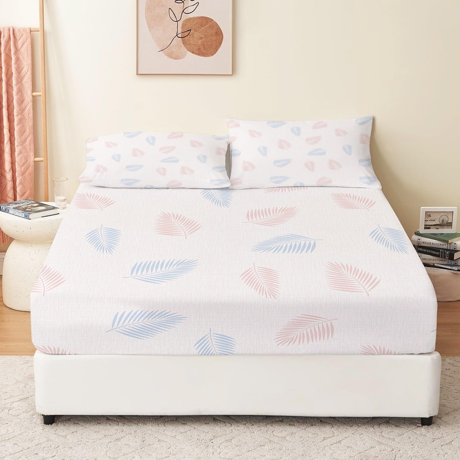 Drap housse 160x200 motif feuilles microfibre pour lit double