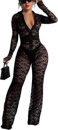 SxClub Sexy Lace Jumpsuits for Women Long Sleeve See Through Club Outfits