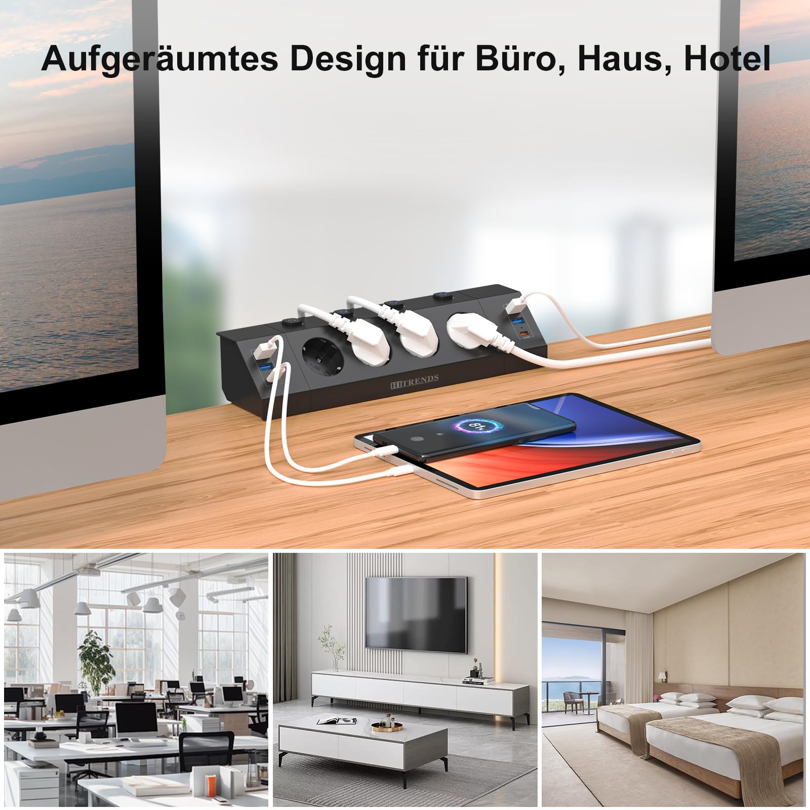 Gniazdko biurkowe z USB C PD 20W, listwa zasilająca z 4 pojedynczymi przełącznikami, 4-krotne gniazdko narożne z 6 USB, płaska wtyczka wielogniazdko montaż ścienny z kablem 2M, czarne