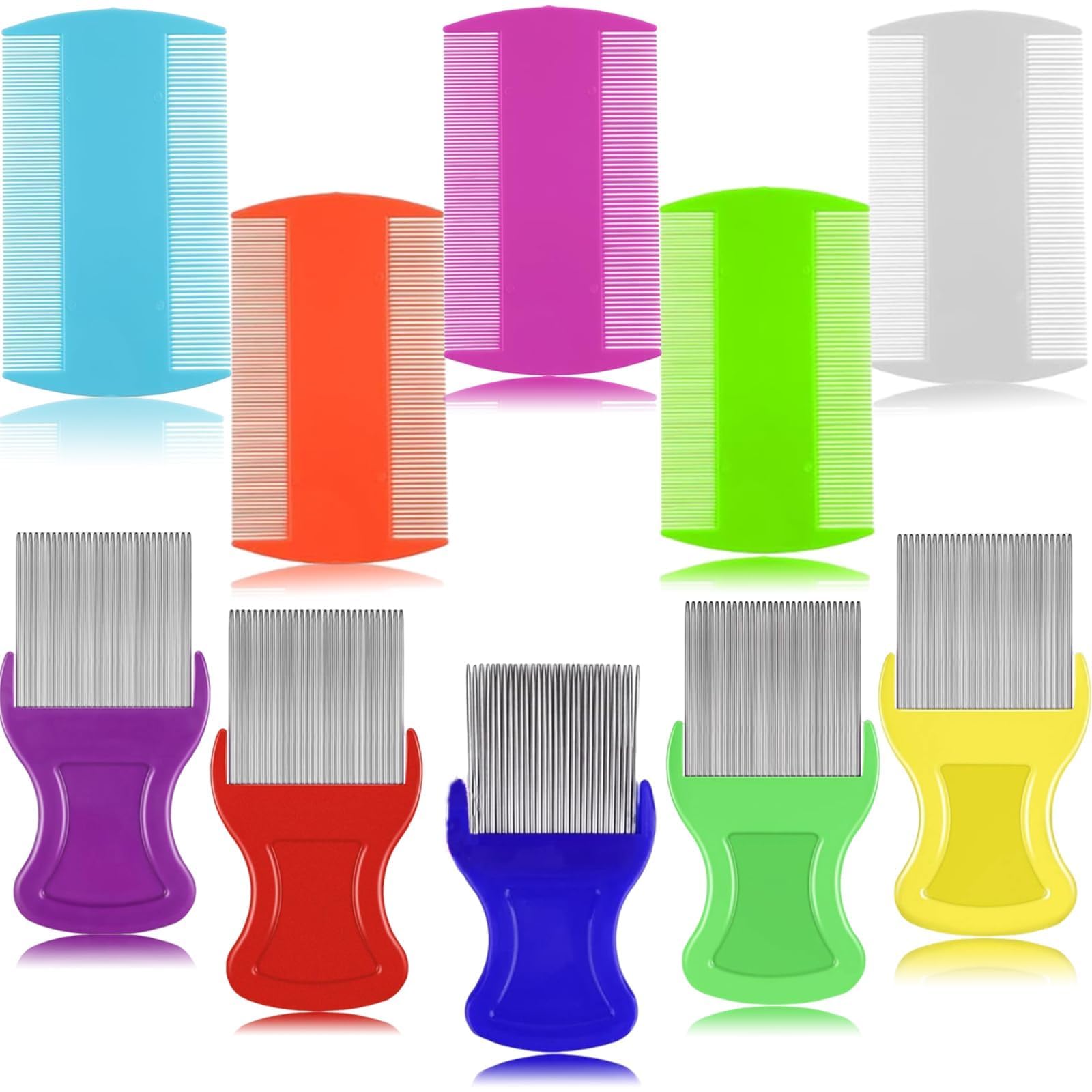 10 Pcs Head Hair Comb Including 5 Pieces Hair Comb Double Sided 5 Pieces Removal Dandruff Comb Hair Grooming Comb with Metal Teeth (Orange, Blue,