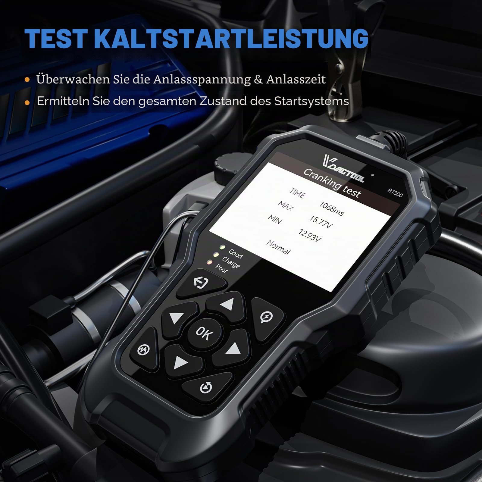 VDIAGTOOL BT300 Batterietester Kfz 6V-12V, 5-3000 CCA Batterie Tester Auto, Anlasser Lichtmaschine Batterie Messgerät, Batteriewächter Charging Kurbelsystem für Auto LKW Motorrad SUV ATV Boot