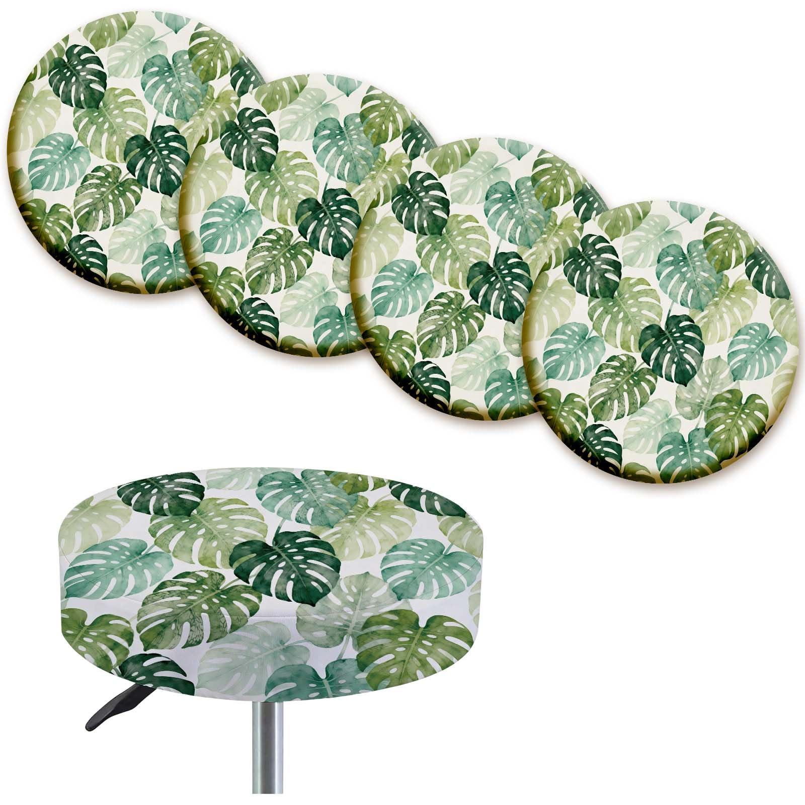 Housse de tabouret ronde élastique imprimé plantes lot de 4