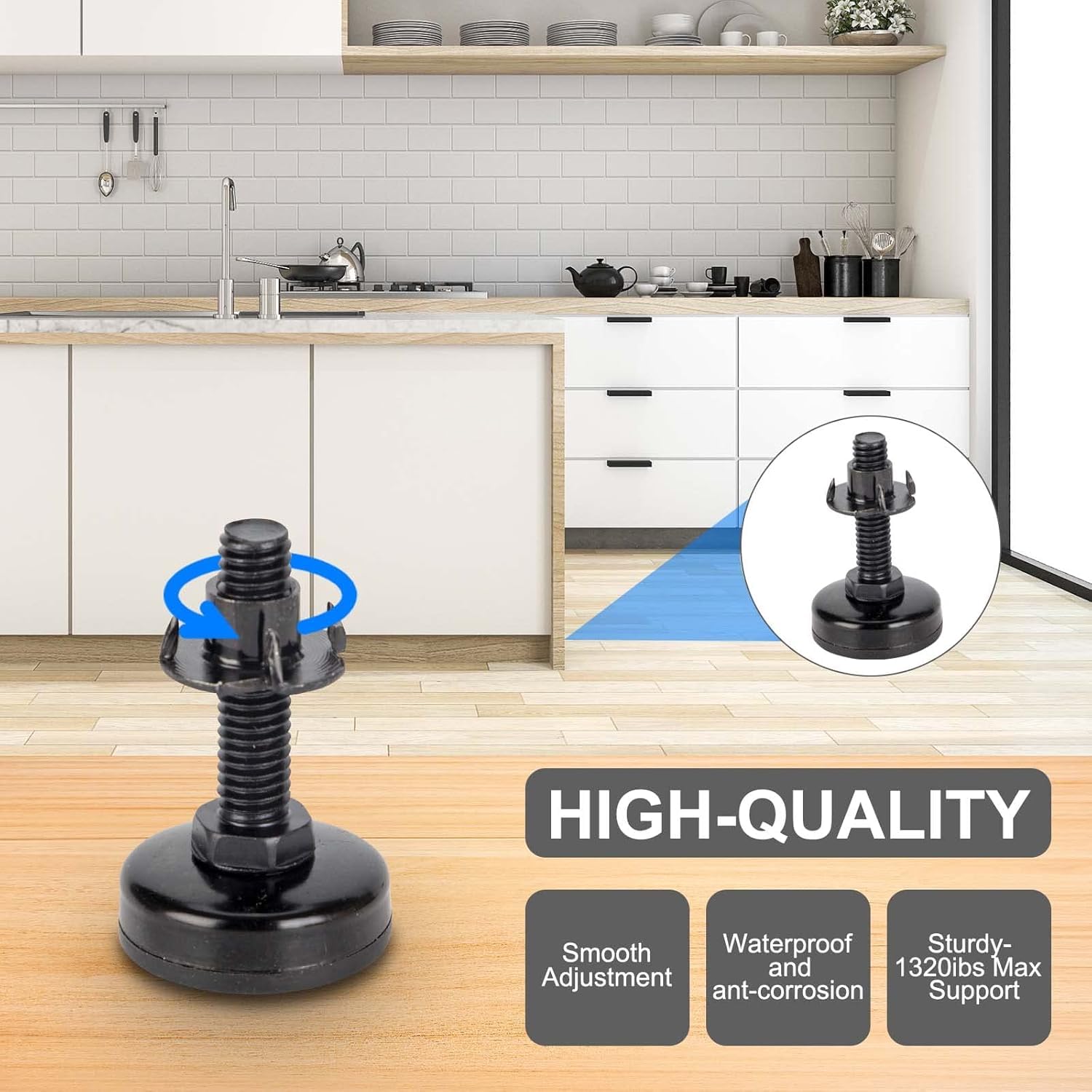 MoTrent 8 Pack Heavy Duty Furniture Levelers, Adjustable Furniture Legs Levelers, M10 T-Nut Kit, 3/8-16 Thread, Black, Steel, Round, Tables, Chairs, Cabinets, Sofas, Standard Size, 8 Pieces - Image 3