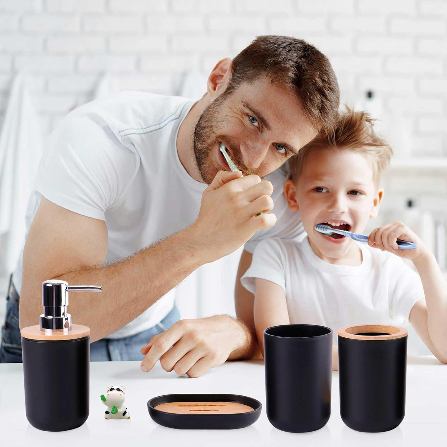 Black Bathroom Accessories Sets Complete Toothbrush Holder Black Soap Dispenser Toothbrush Cup Soap Dish ​Rustic Farmhouse Bathroom Accessories Decor Essentials Bathroom Kit（Black）, ystz-001