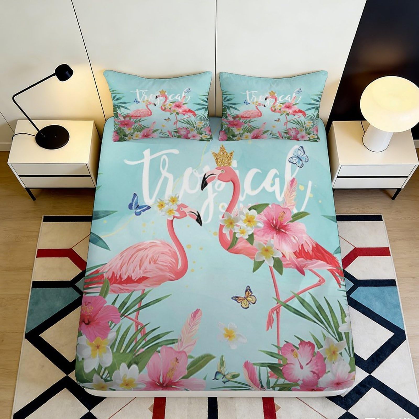 3D Printed Tropical Flamingo Fitted Sheet Microfiber Soft Bedroom Decor Butterfly Bed Cover for Home Guest Room 90x200x25cm