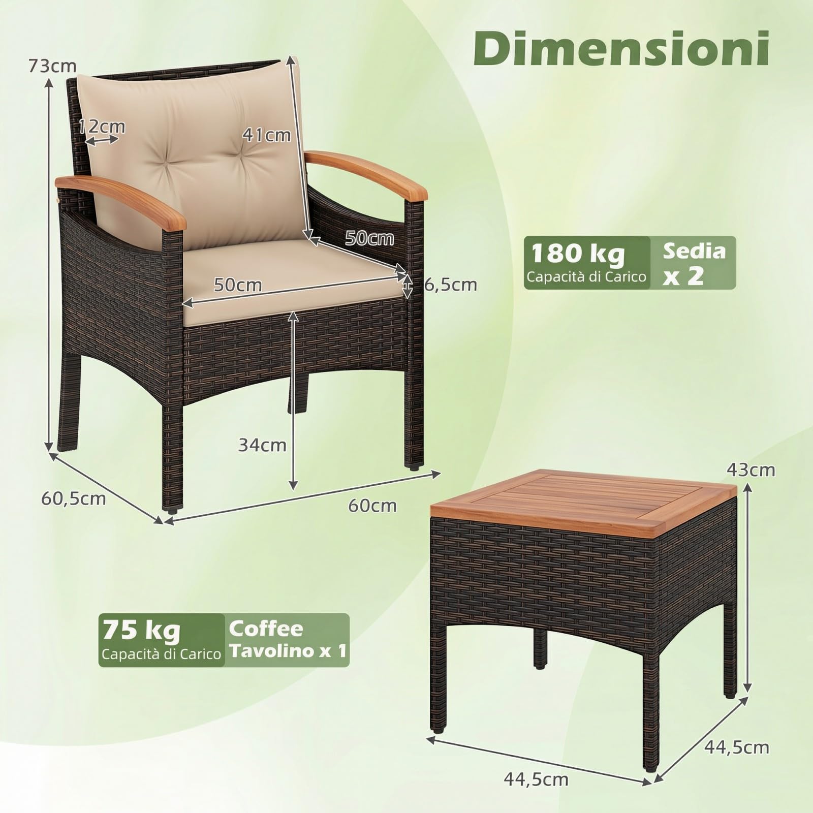 SOARS Salotto da Giardino in Rattan PE, Salottino da Esterno 3 Pz, 2 Poltrone con Braccioli e Schienale, 1 Tavolino con Piano in Legno Massello, per Terrazzo, Balcone, Patio (Marrone+Beige)