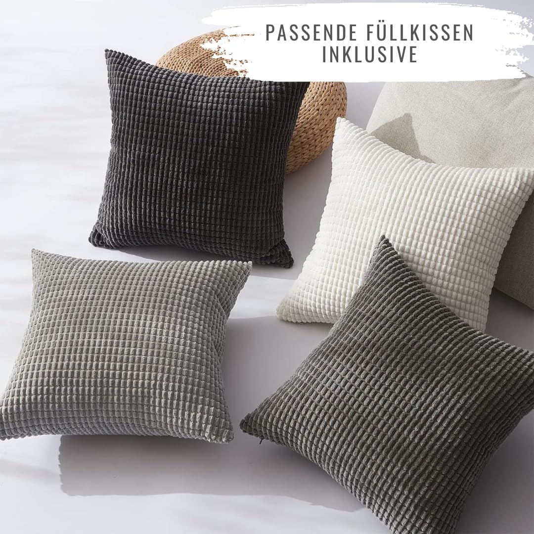 4er Set Kissen-Bezug inklusive Füllung, Modell Sven, Kord Samt Sofakissen Farbverlauf abgestimmit Couchkissen Dekokissen Zierkissen Kopfkissen, mit Reisverschluss, weich & angenehm (Creme, 40 x 40 cm)
