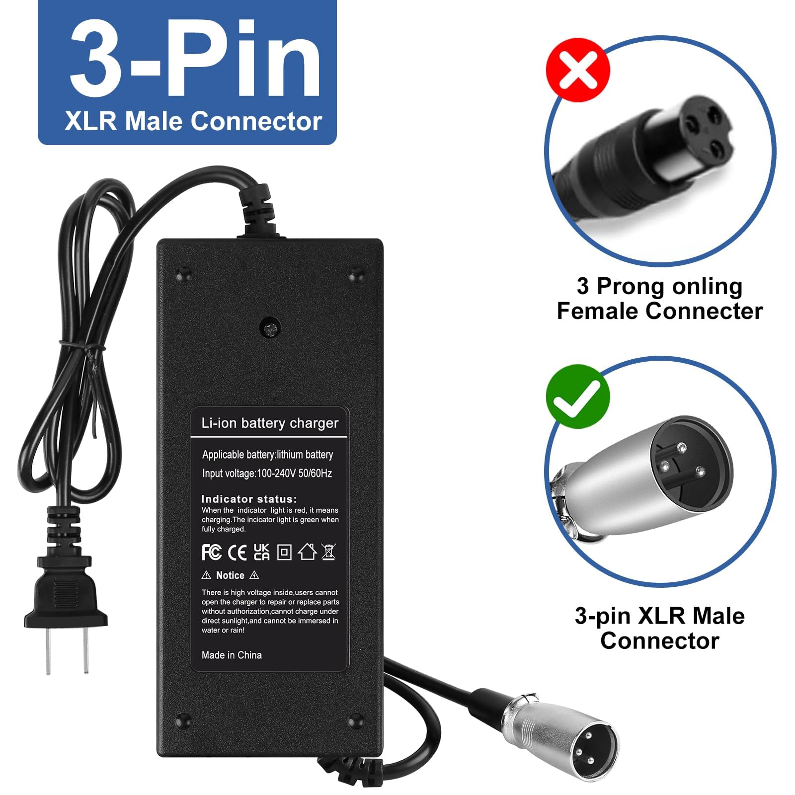 42V 2A 3-Pin Male XLR Charger for Razor MX500, MX650, GT GT750, Izip I600 I750 I1000 Mongoose M750, Currie, Schwinn S1000, S600,ST1000, Ezip E1000, X-Treme X-600,Quick Charger for 36V Lithium Battery