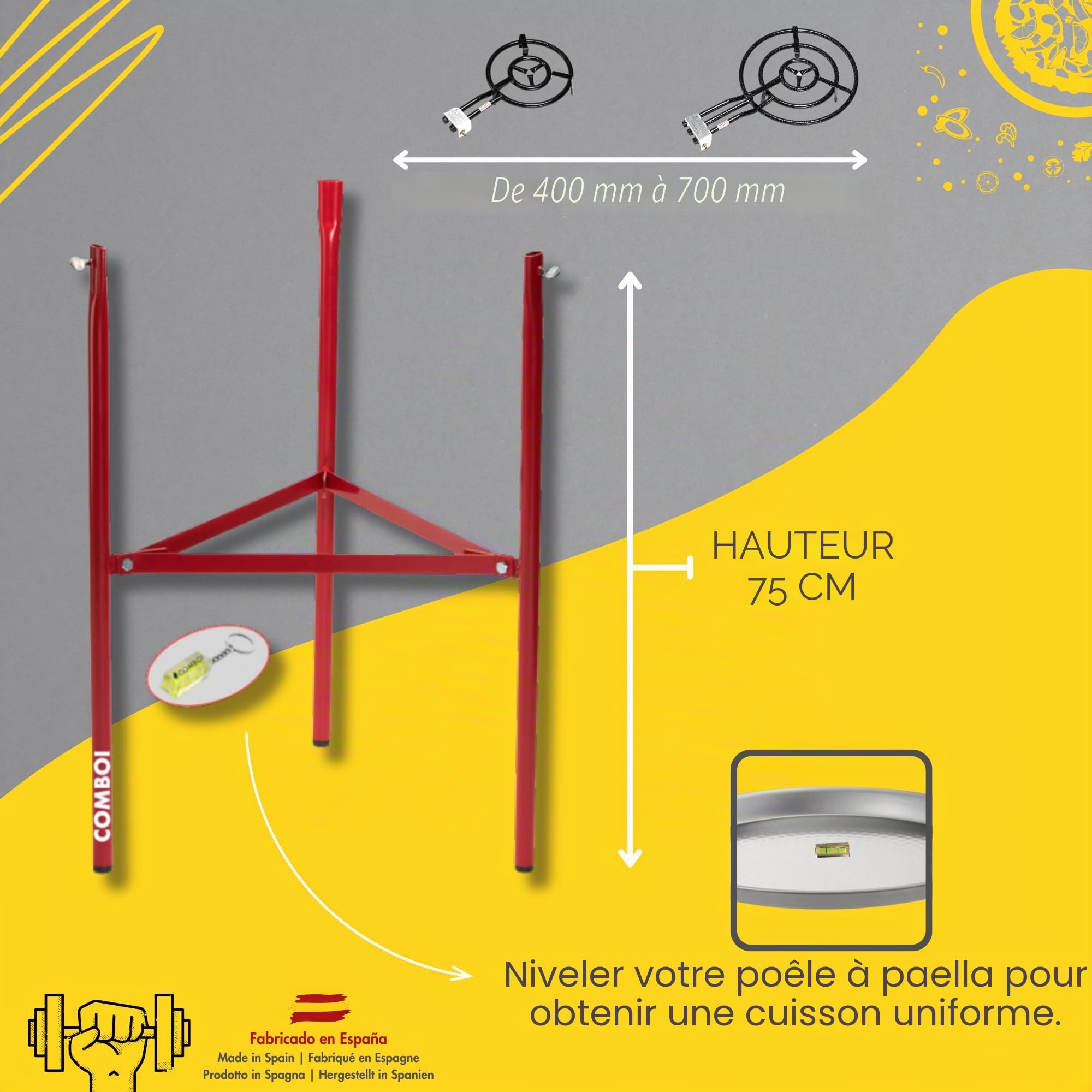 COMBOI - Poêle à paella gaz butane 40 cm, poêle à paella de 46 cm, support de pieds renforcés, niveau, tablier, livre de recettes numérique.