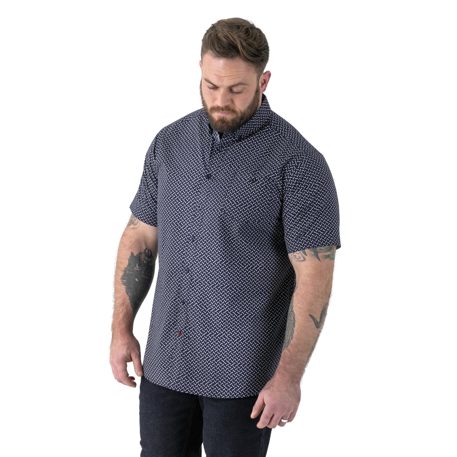 D555 Icon Print Short Sleeve Button Down Collar Shirt - Navy