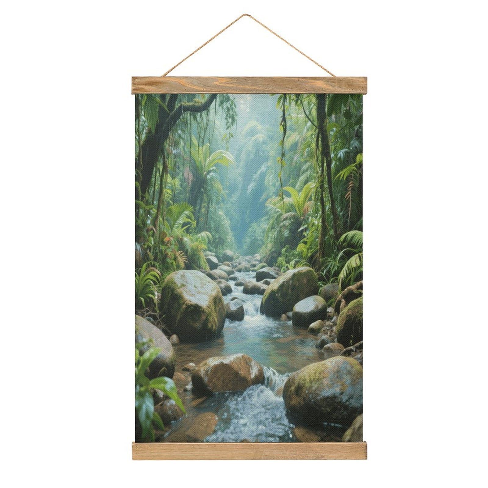 VstaDank Rainforest Stream Beach Hanging Poster with Wooden Frame Modern Linen Hanging Painting Retro Style Wall Decor Art Painting for Living Room,Bedroom Decor Poster Frame 20.4x13.1inch