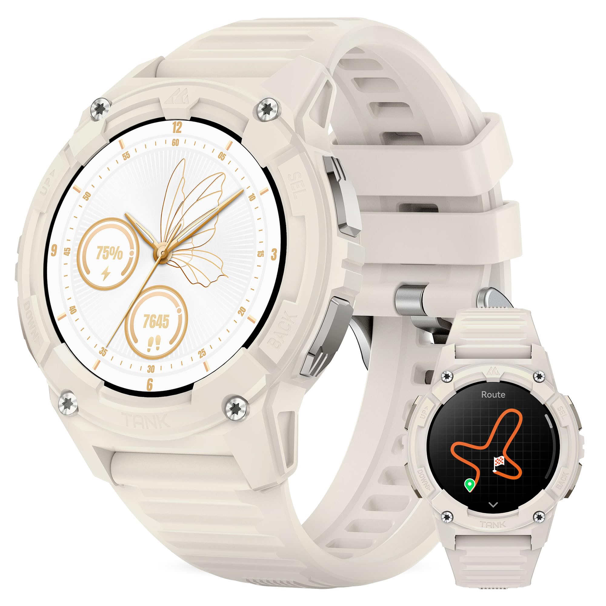 KOSPET TANK S2 Smartwatch Donna, GPS Integrato, Impermeabile 5ATM/IP69K, Chiamate Bluetooth, 176 Modalità Sportive, 24H Monitoraggio Sonno Bussola/Barometro/Altimetro(Bianco Crema)