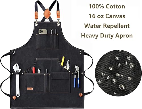 Miniatura 2 de AFUN Delantales de trabajo para hombres con bolsillos grandes, lona de algodón, parte trasera cruzada, resistente, ajustable, talla M a XXL (negro)