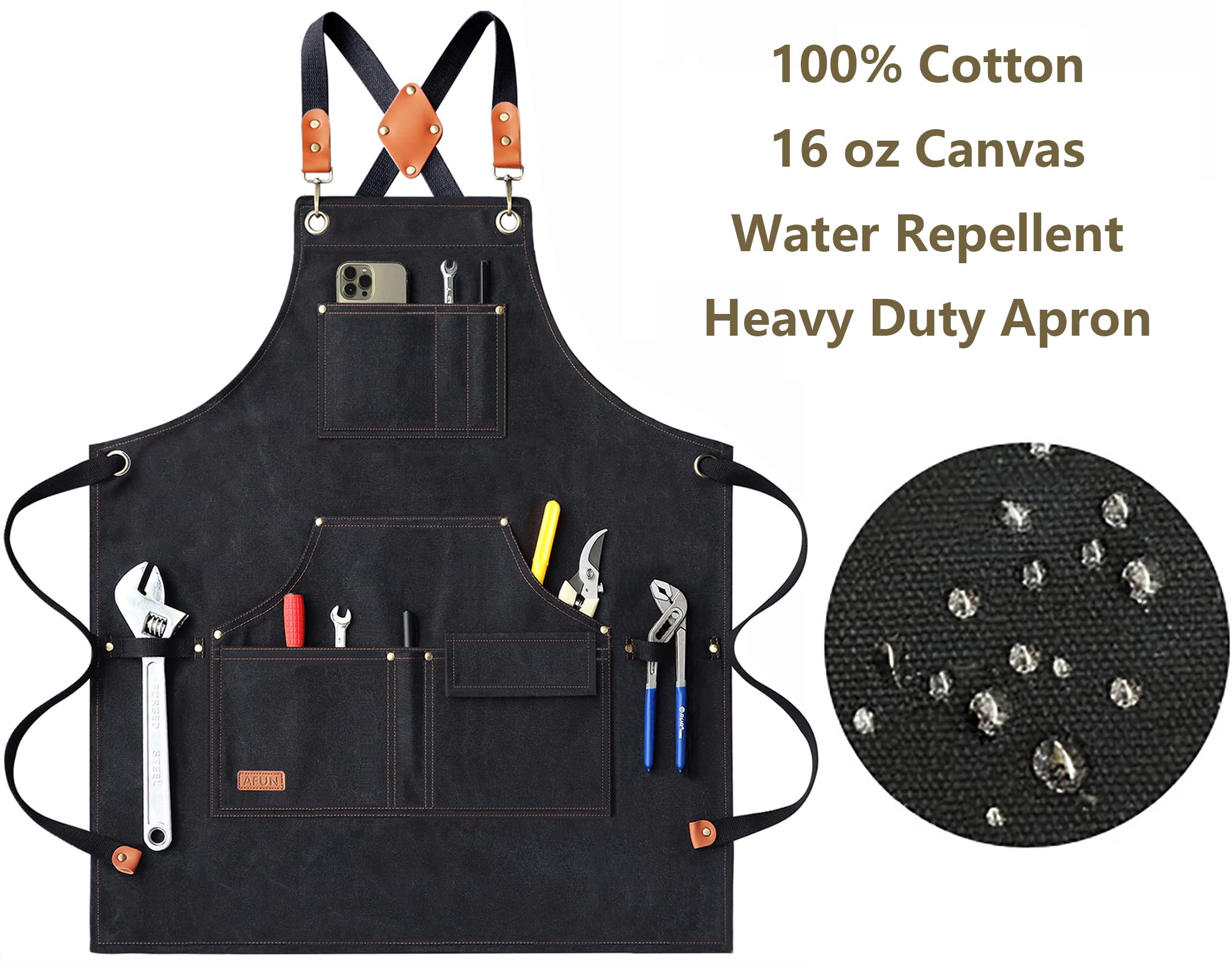 AFUN Delantales de trabajo para hombre con bolsillos grandes, lona de algodón con espalda cruzada, resistente al agua, delantal para herramientas, talla M a XXL